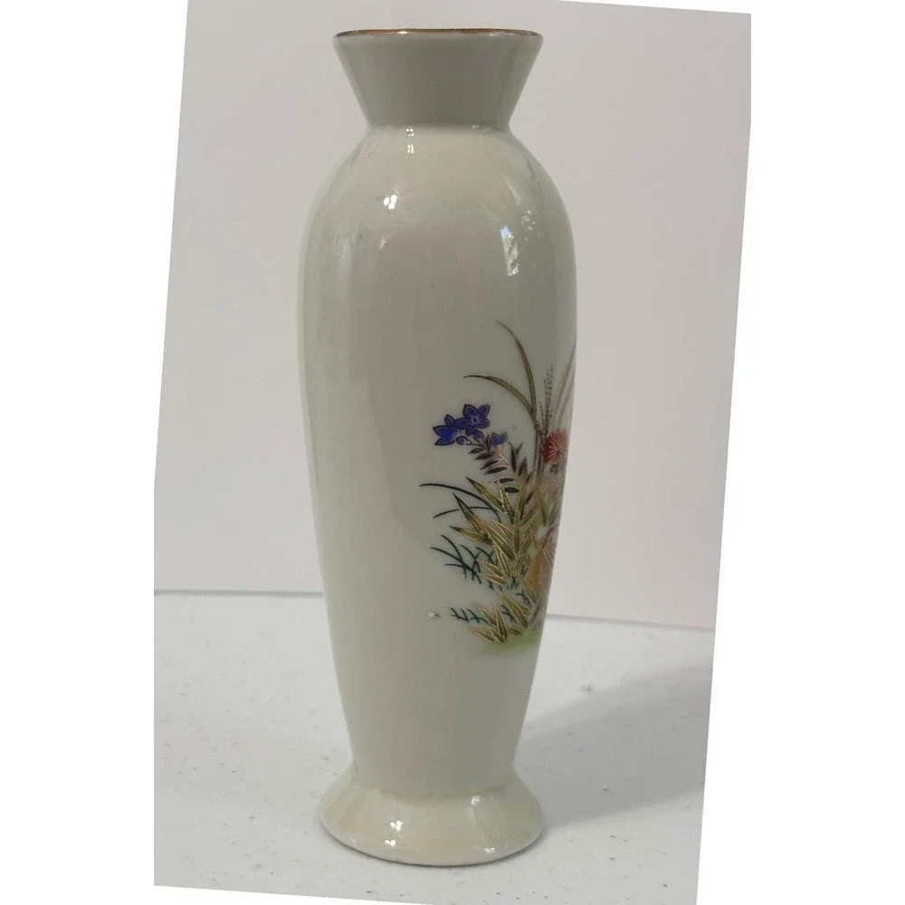 Vintage Otagiri Japan Porcelain Bud Vase Quail Bird Chrysanthemum Gold Trim